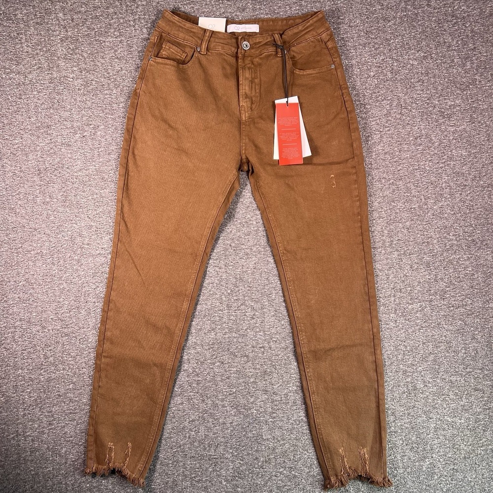 Q2 Jeans Womens Sz 10 Brown Skinny Destroyed Hem Stretch Denim, Fits 28x28.5 NEW